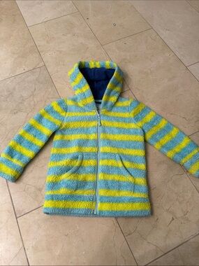 Mini Boden Plush Hooded Zip Jacket in Blue & Yellow Stripes